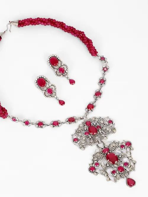 Simulated Stone Studded Oxidized Silver Necklace Set