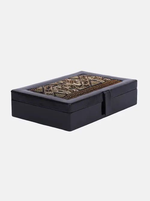 Black and Antique Gold Bead Studded Leather Box-Rectangle