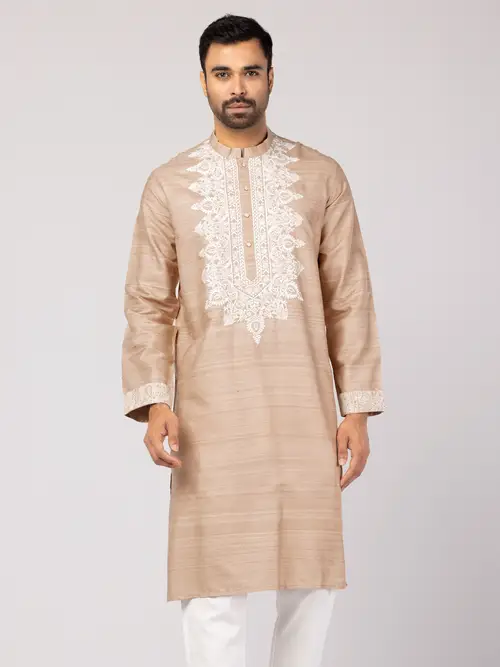 Brown Printed and Embroidered Endi Silk Panjabi