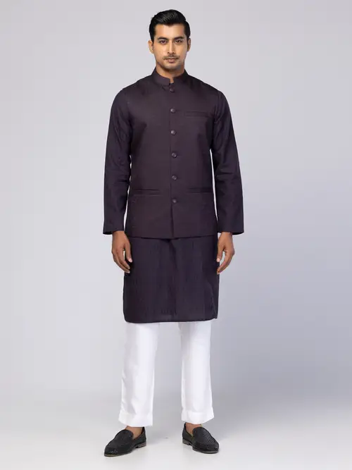 Dark Plum/Black Textured Cotton Panjabi Pajama Set with Coaty