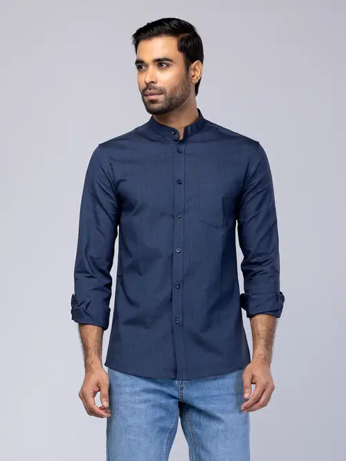 Navy Blue Cotton Fitted Shirt