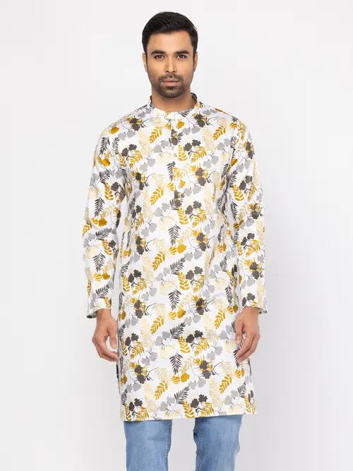 White Printed Mixed Cotton Slim Fit Short Kurta