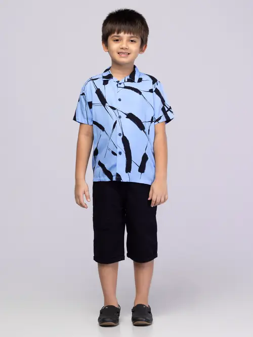 Blue Printed Mixed Cotton Shirt Pant Set