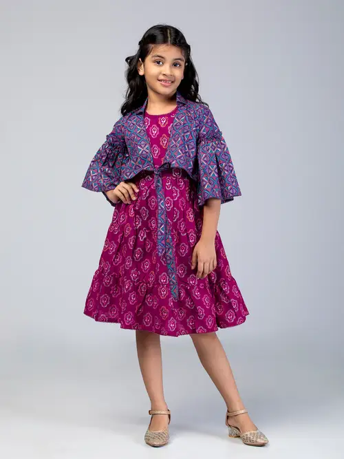 Purple Printed Voile Frock with Coaty
