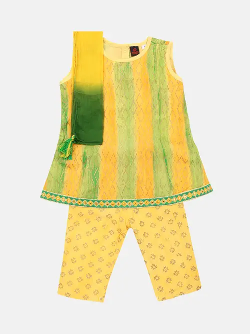 Yellow/Green Brush Painted And Embroidered Linen Shalwar Kameez