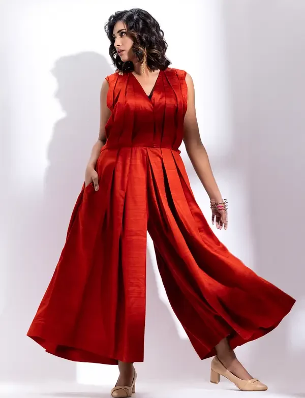 Rust Orange Embroidered Endi Silk-Viscose Taaga Jumpsuit