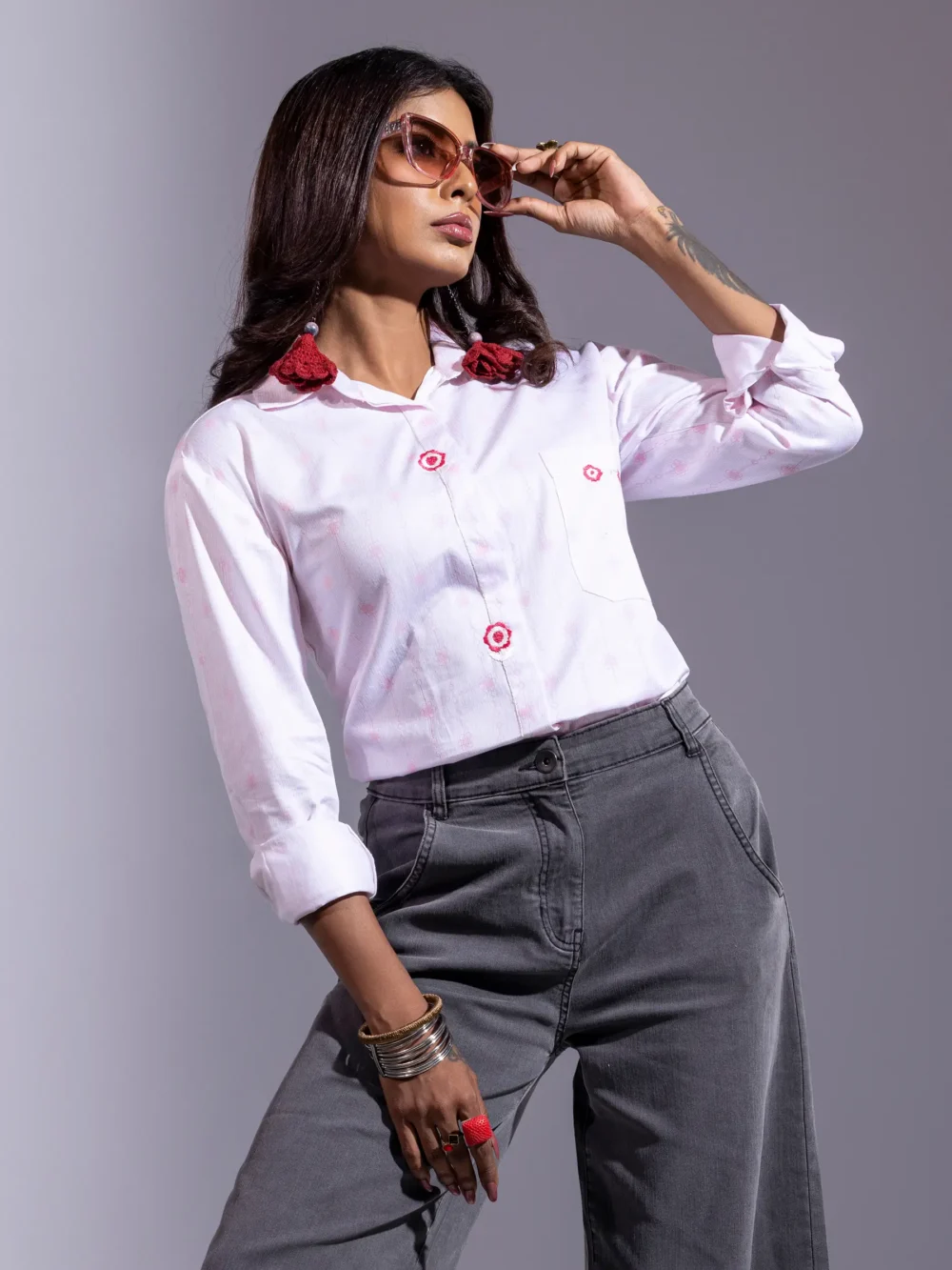 White/Pink Striped Viscose-Cotton Taaga Work Wear Top