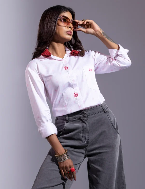 White/Pink Striped Viscose-Cotton Taaga Work Wear Top