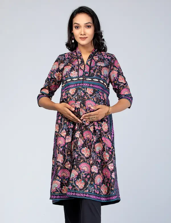 Black Printed Mixed Cotton Taaga Maternity Dress