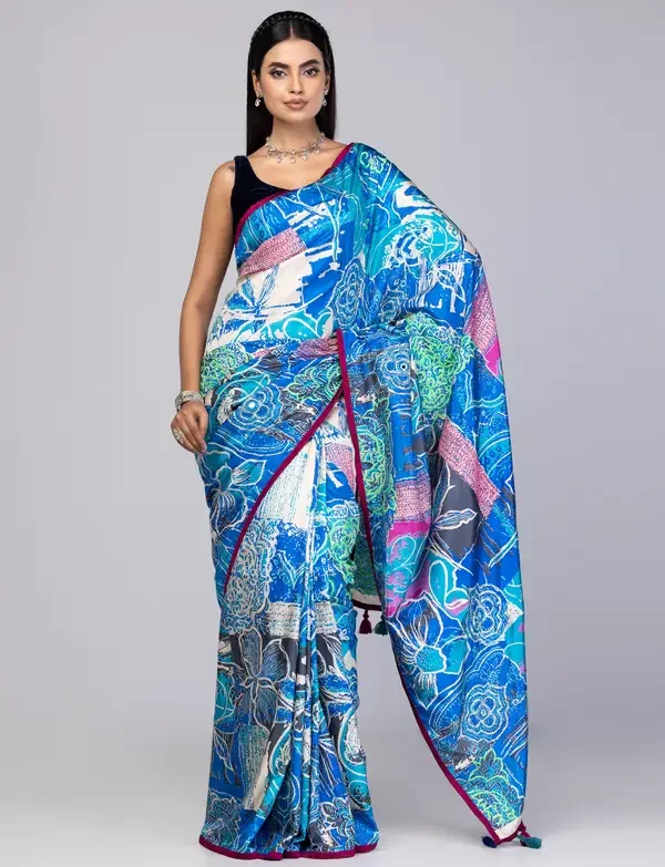 Beige/Blue Printed and Erri Embroidered Silk Saree