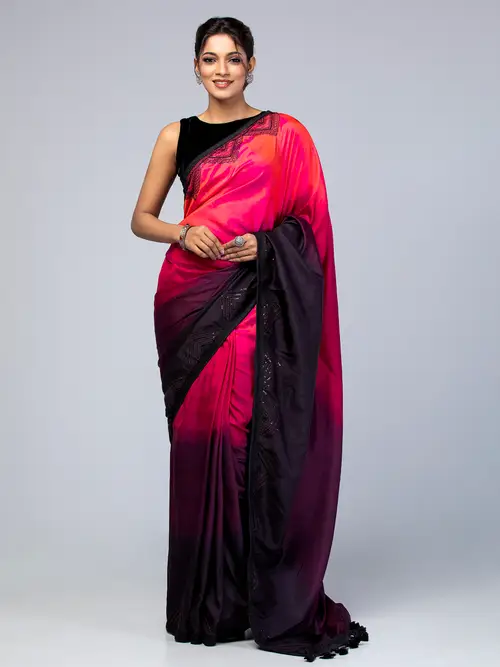 Plum/Pink Ombre Dyed and Embroidered Silk Saree