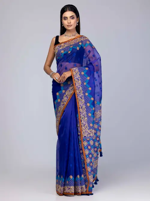 Royal Blue Appliqued and Embroidered Muslin Saree