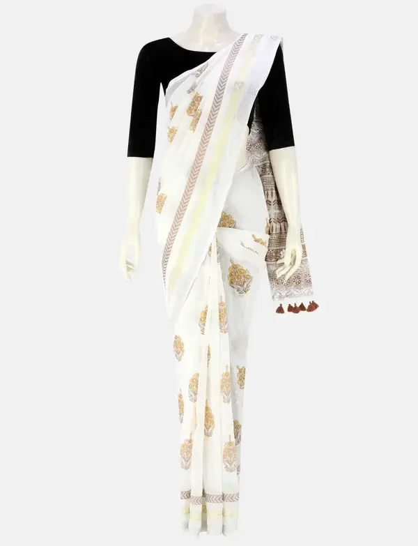 White Printed Cotton Saree