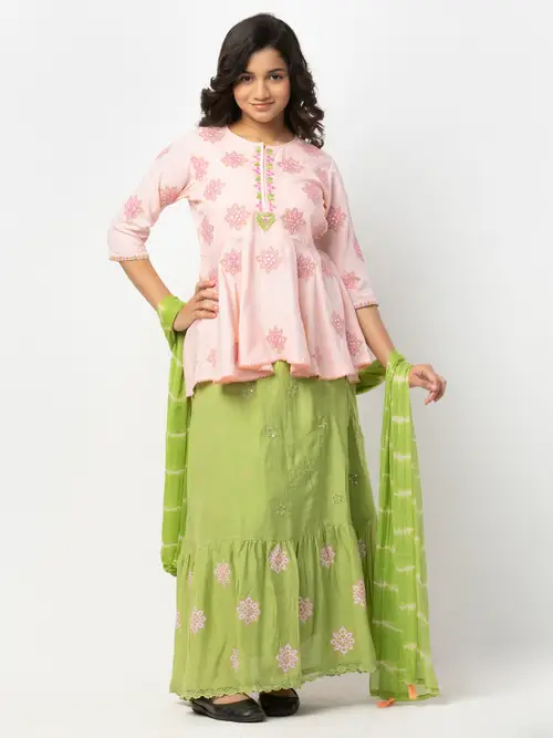 Pink Embroidered Linen Ghagra Choli