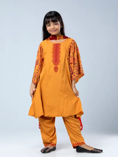Neon Carrot Printed and Embroidered Linen Shalwar Kameez