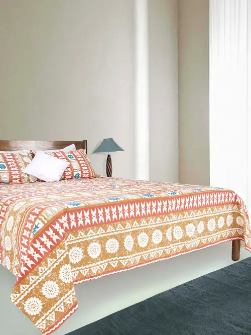 Brown Printed Mixed Cotton Bed Cover