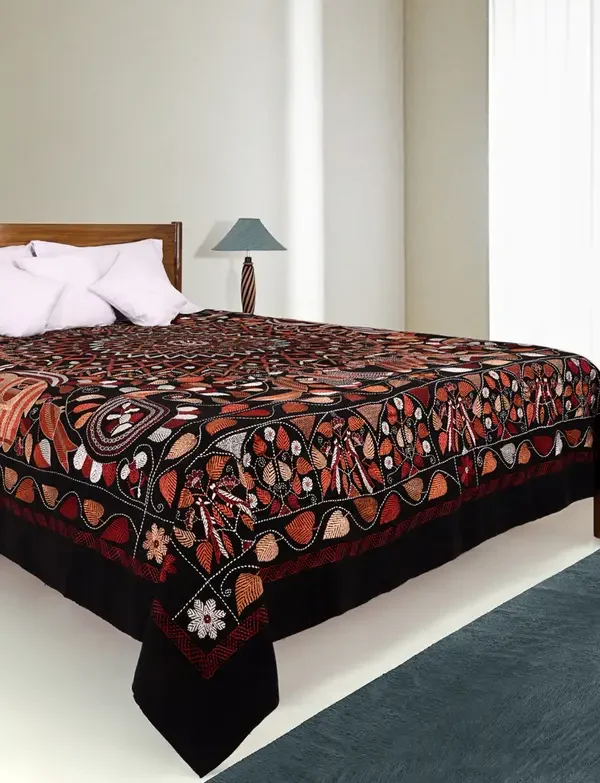 Black Nakshi Kantha Embroidered Cotton Bed Cover