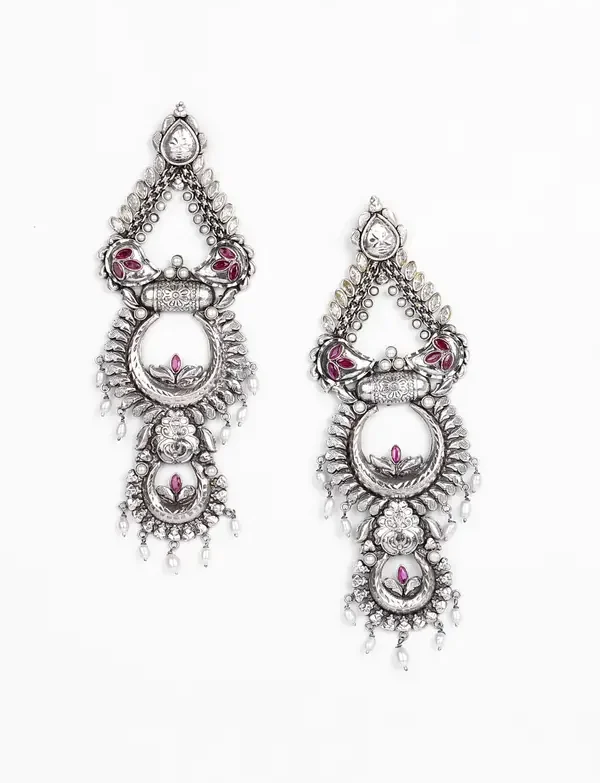 Simulated Ruby Oxidized Silver Earrings